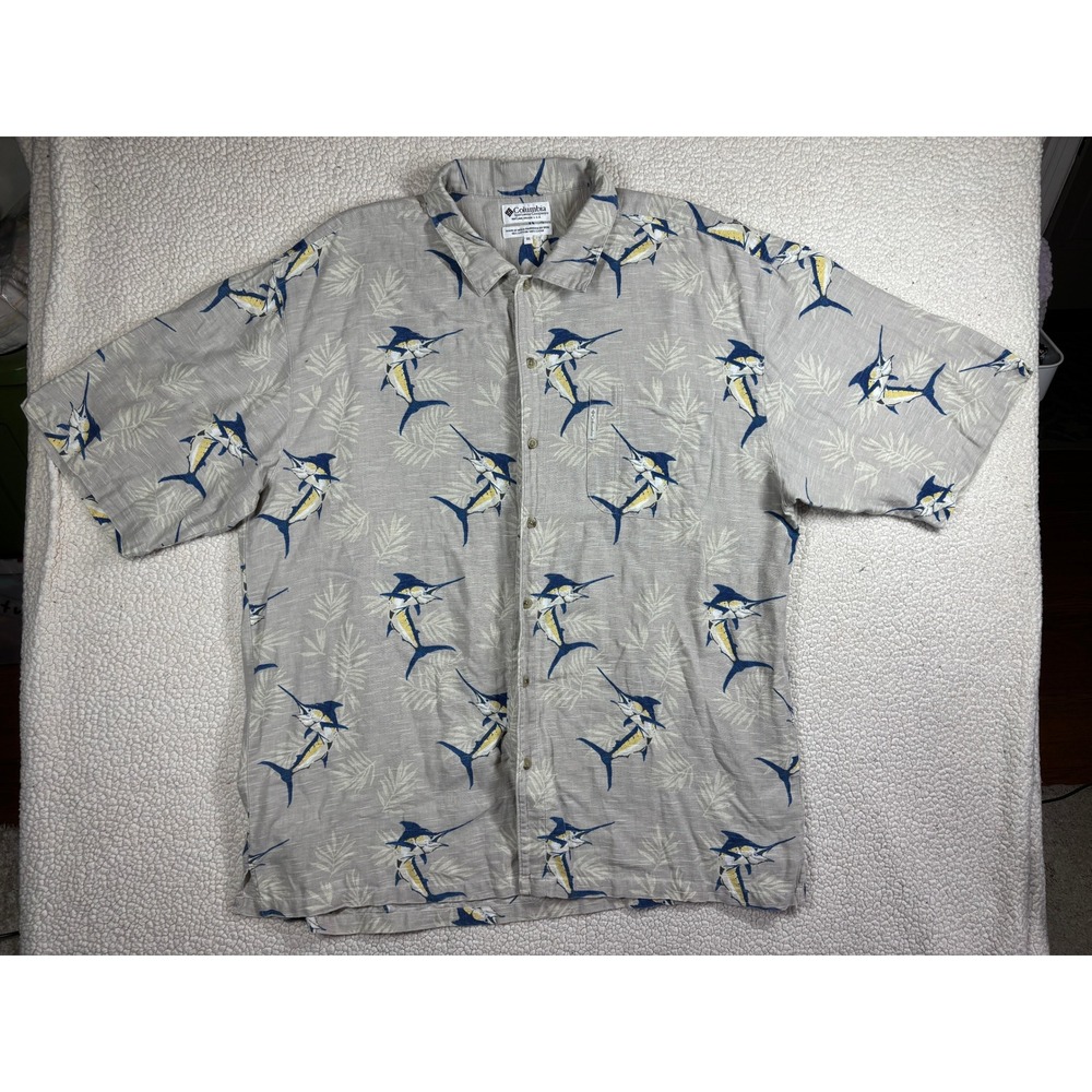 Vintage Columbia Shirt Mens XXL Beige Marlin Fish All Over Print Cotton Fishing